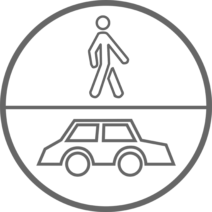Ikon med fodgænger og bil indeni en cirkel der bruges til Easy fugesand, Quicksand, Styrkefuger og LAR-løsninger fra Lithomex
